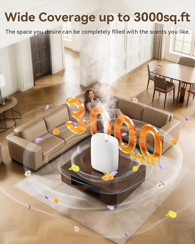 Waterless Essential Oil Diffuser with Bluetooth App Control, Smart Scent Air Machine Covers Up to 3000 Sq Ft for Home, Hotel & Spa, Quiet Aromatherapy Diffuser with Timer & Mode (White)