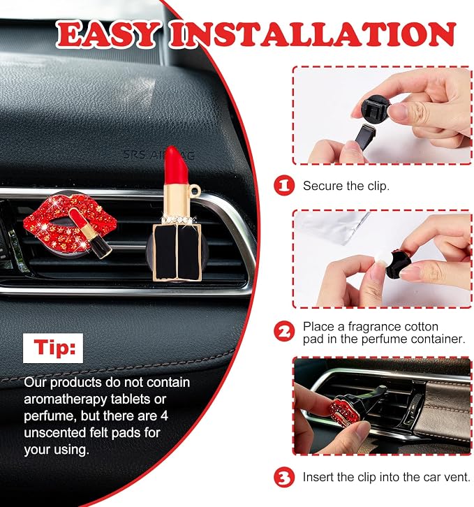 Rislobx 4PCS Bling Car Air Freshener Vent Clip, Crystal Diamond Lips Lipstick Carnival Mask Car Diffuser Vent Clip Cute Car Bling Accessories Decoration for women (Red)
