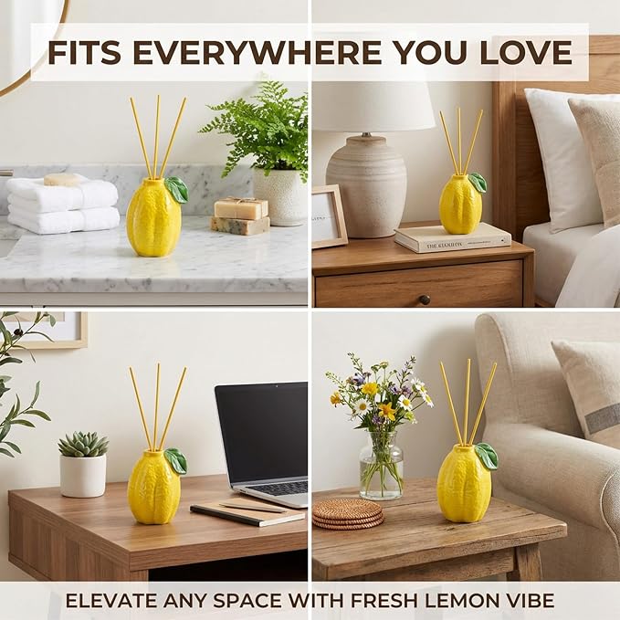 Lemon Scented Reed Diffuser Set – 6.76 fl oz (200ml) with Sticks, Creative Lemon-Shaped Ceramic Design for Home, Bedroom & Bathroom Decor, Long Lasting Aromatherapy Gift