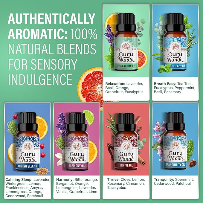 GuruNanda Essential Oil Blends – 6 Pack (10mL Each), Breathe Easy, Tranquility, Relaxation, Harmony, Calming Sleep & Thrive, Natural Aromatherapy Oils for Diffuser, Wellness & DIY