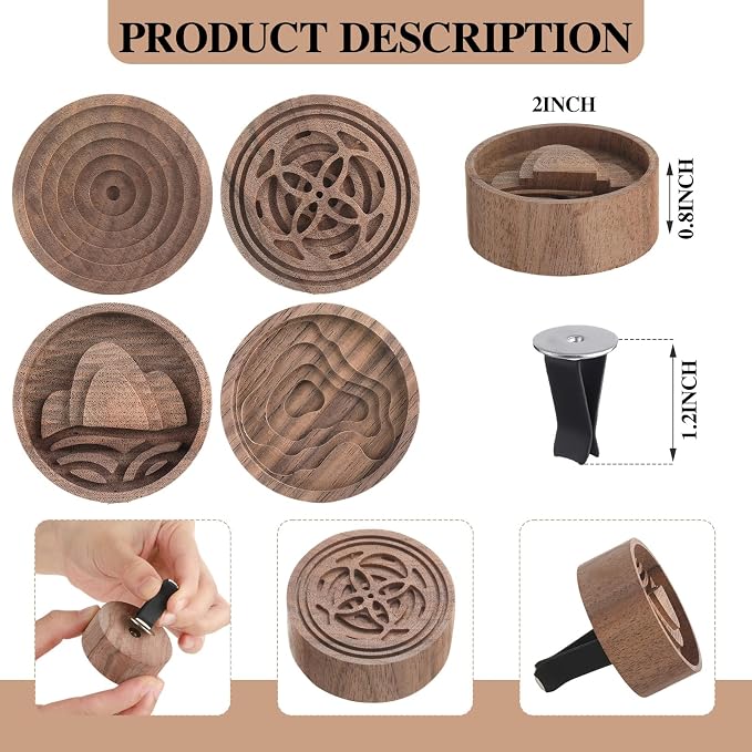 Teenyyou 4 Pcs Wooden Essential Oil Diffuser Car Aromatherapy Passive Diffuser with Vent Clip Walnut Wood Round Air Freshener Winter Gifts for Home Offices Yoga Rooms Sauna Rooms