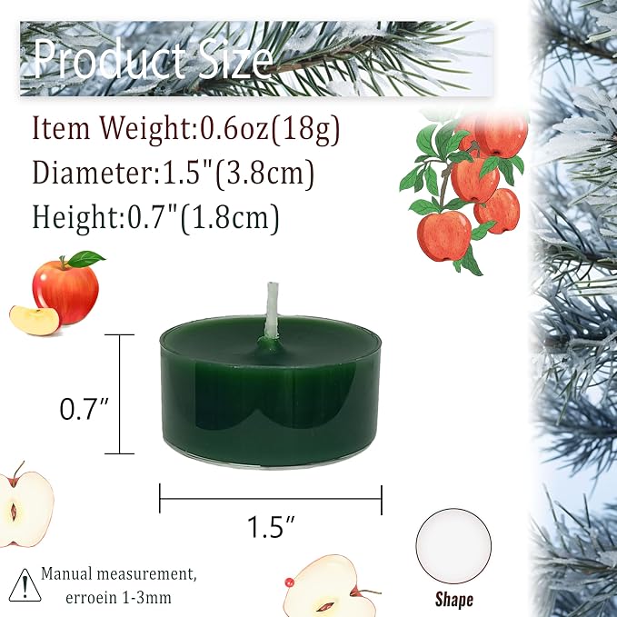 Red & Green Tea Lights Set of 24, Apple Cedar Scented Tealight Candles, Handmade Tea Candles, Long Burning Tealights for Romantic Wedding Home Decor Gift