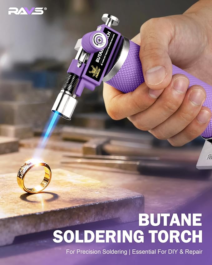 RAVS 2 Flame Mode Butane Torch Lighter, Refillable Kitchen Torch | Metal Body Cooking Torch for Baking, BBQ, Soldering Torch with Adjustable Flame & Safety Buckle,Purple, Gas Not Included