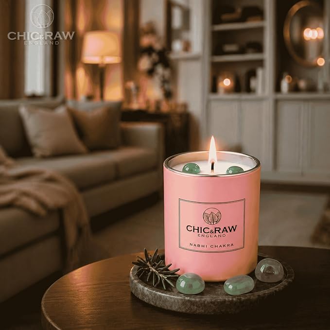 Aromatherapy Candle with Crystal Green Aventurine Nabhi, Patchouli & Bergamot - Luxury Long-Lasting Burn Soy Candle for Home Scented - Unique Healing, Meditation& Relief Gift for Women, 7.05oz