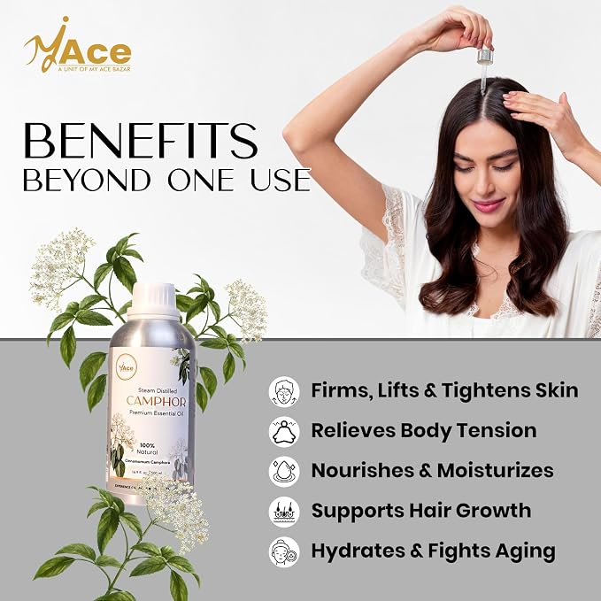 My ACE Camphor Essential Oil 16 Fl Oz - 100% Pure & Natural - Premium Grade for Aromatherapy, Diffuser, Skin, Hair, Massage, Candle & Soap Making, Home - Glass Bottle with Dropper - Long Lasting Scent