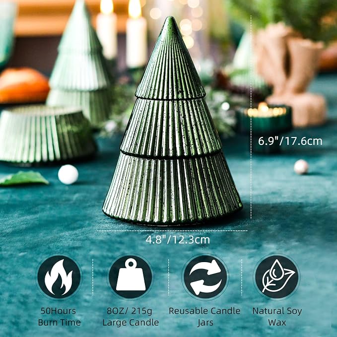 Fir Pine Scented Candle Mercury Glass Tree Decorative Scented Candle Soy Wax Aromatherapy for Spring Home Table Decor Gift for Women 8oz Green