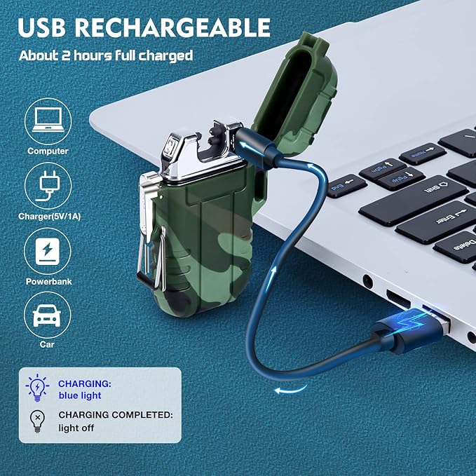 LcFun Electric Dual Arc Lighter USB Rechargeable Outdoor Windproof Flameless Plasma Lighters for Camping, Hiking, Waterproof Matches Survival Tactical Gear Fathers Day Dad Gifts Birthday Gifts for Men