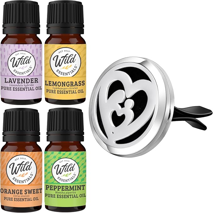 Wild Essentials Mother’s Heart Essential Oil Car Vent Diffuser Kit – 316L Stainless Steel Locket, Rubber-Coated 4-Way Clip, 8 Color Pads (22mm), 25mm – Includes Alert & Inner Calm (2 x 10ml)