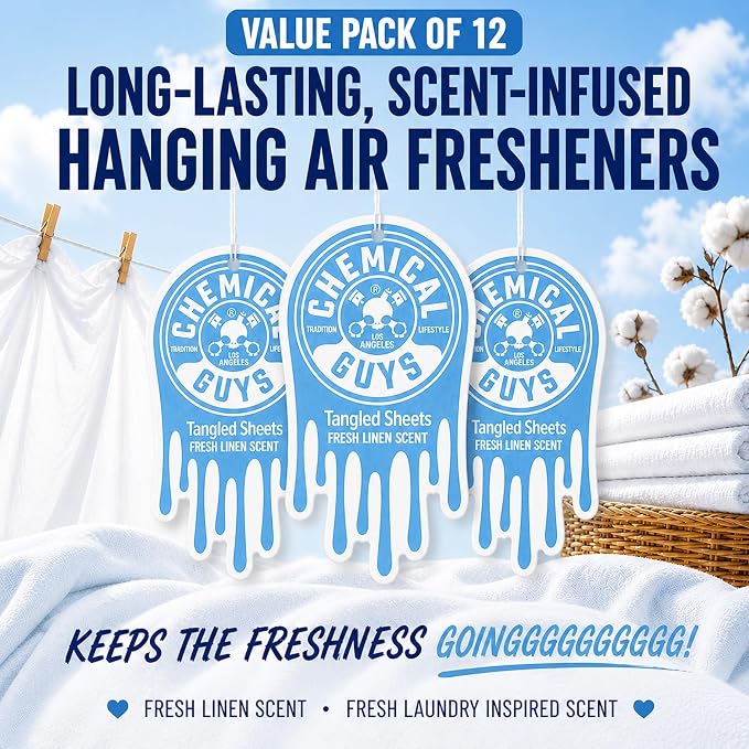 Chemical Guys Hanging Car Air Freshener 12-Pack, Tangled Sheets Premium Clean Linen & Soft Cotton Fragrance, Rearview Mirror Paper Fresheners for Cars, Trucks, SUVs, RVs & Boats