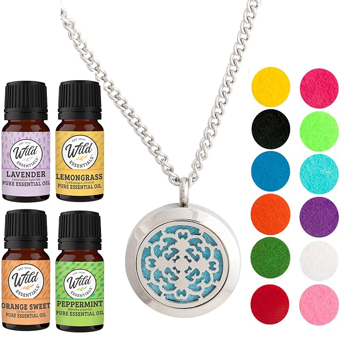 Wild Essentials Cross Necklace Essential Oil Diffuser Kit with Lavender, Lemongrass, Peppermint, Orange Oils, 12 Refill Pads, Calming Aromatherapy Gift Set, Customizable Color Changing, Perfume