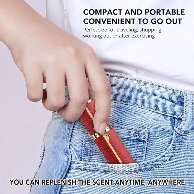 8ML Travel Perfume Refillable Atomizer, Mini Genuine Leather Cologne Sprayer, Protable Pocket Size Empty Fragrance Spray Bottle (Red)