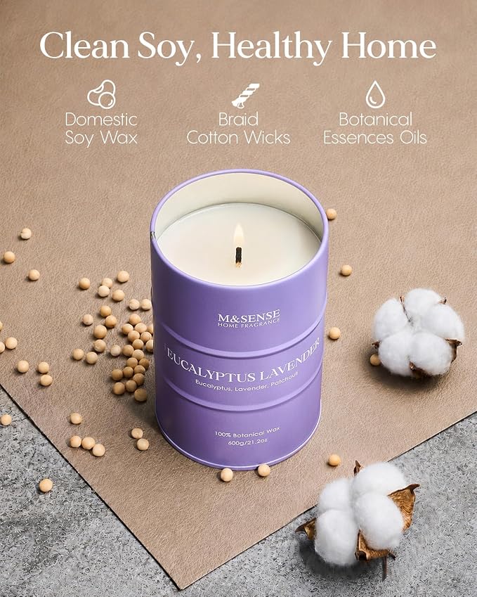 M&SENSE Eucalyptus Lavender Scented Candles Large, Natural Soy Candles 21.2oz 120 Hour Slow Burning,Aromatherapy Candle for Stress Relief Meditation Relaxing