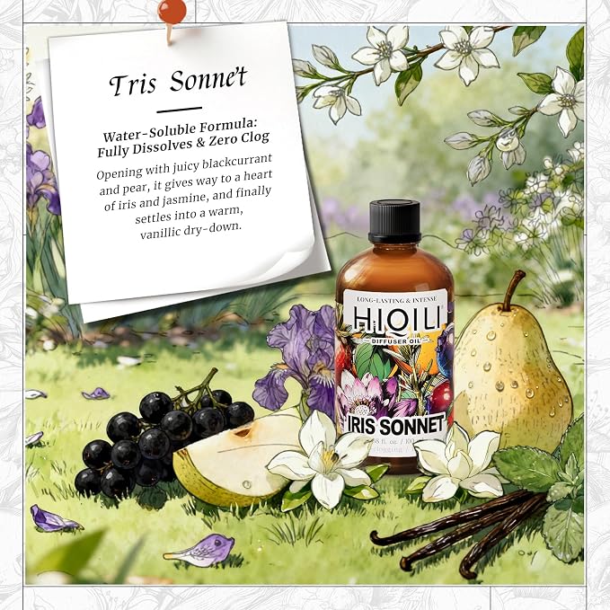 HIQILI Iris Sonnet Diffuser Oil, Elegant Floral Fruity Scent, Water Soluble for Car Air fresheners, Reed Diffuser, Relaxing & Cozy - 3.38 Fl Oz