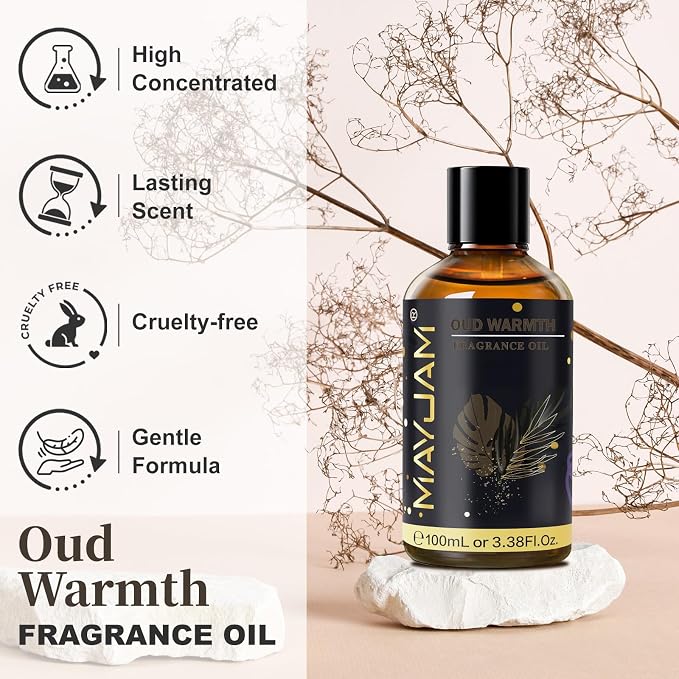 Oud Warmth Fragrance Oil Essential Oil, MAYJAM 3.38FL.OZ Oud Warmth Oil for Diffusers for Home, Long Lasting Scented Oils for Soap Candle Making - 100ML