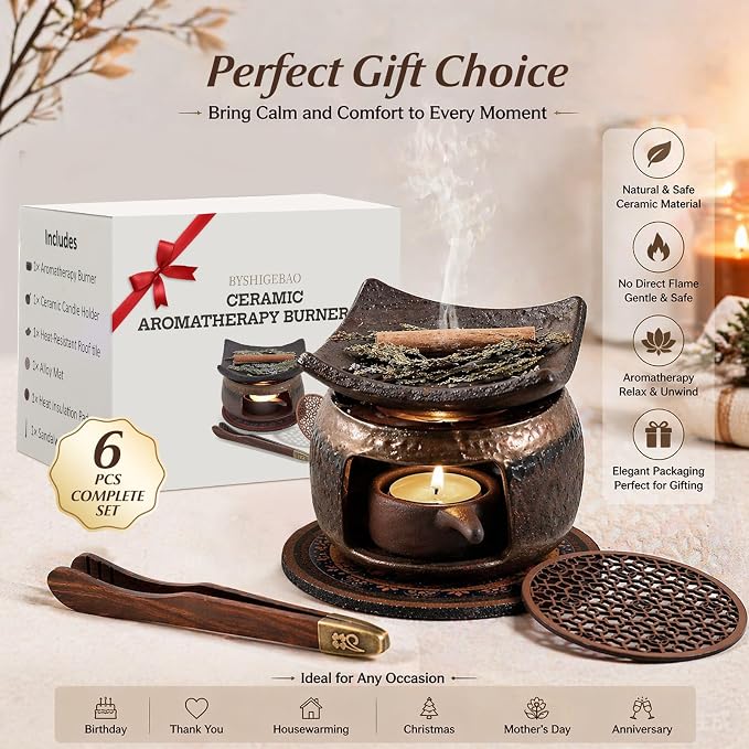 Cedar and Zen Herb Burner Kit, 1250°C High-Fired Aromatherapy Burner Set | Japanese Style, 6-Piece, With Tea Light Holder & Roof Tile, For Herbs & Cedar, Meditation, Yoga, Relaxation, Home Decor Gift