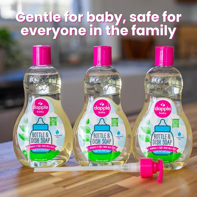 Dapple Baby Fragrance Free Bottle & Dish Soap - (3 Pack) 16.9 fl oz - Cleans Baby Bottles, Sippy Cups, Pacifiers, Breast Pumps, & More - Gently Removes Milk Film & Odors - Includes 1 Pump