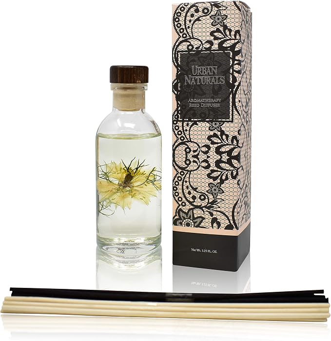 Urban Naturals Tobacco & Vanilla Reed Diffuser Scented Sticks Set | Tobacco Leaf, Bergamot, Vetiver, Bourbon and Vanilla Bean Scented Oils | Decorated with Natural Flowers | Made in the USA