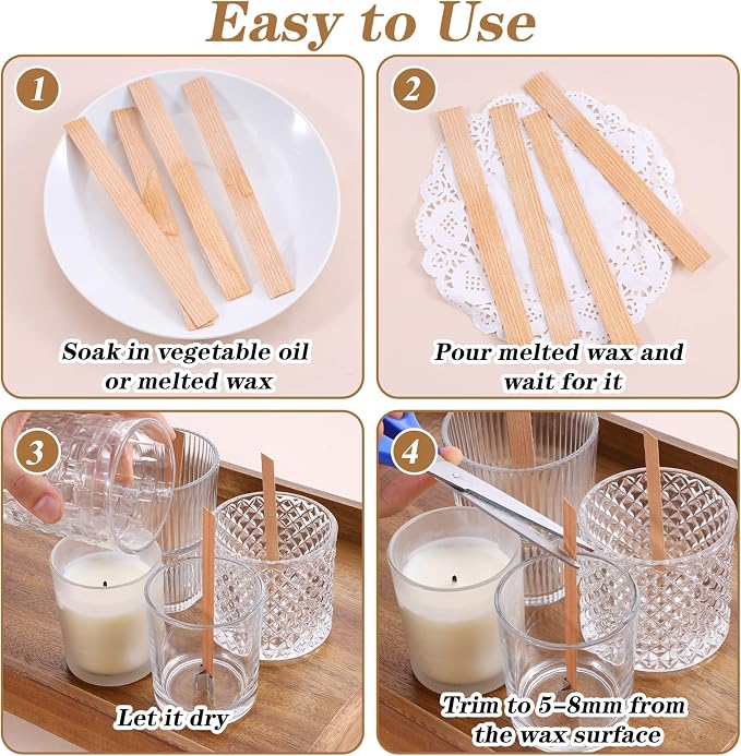 120pcs Natural Wood Wicks for Candle Making, Crackling Wooden Wicks with Metal Bases,5.1 "x 0.5" x0.02 Thin Crackling Wick for Soy Wax, Coconut Wax, Perfect for DIY Candle-Making, Long Lasting Flame