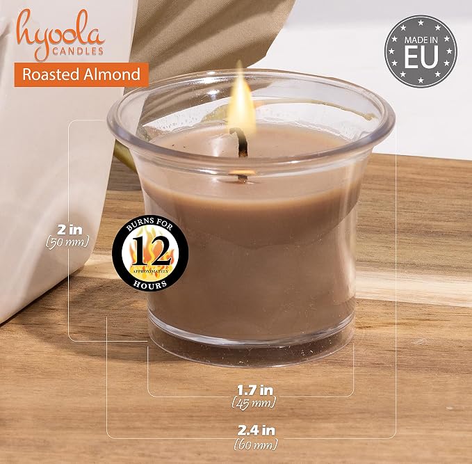 HYOOLA Clear Cup Scented Votive Candles - Roasted Almonds - 12 Hour Burn Time - 4 Pack - European Made