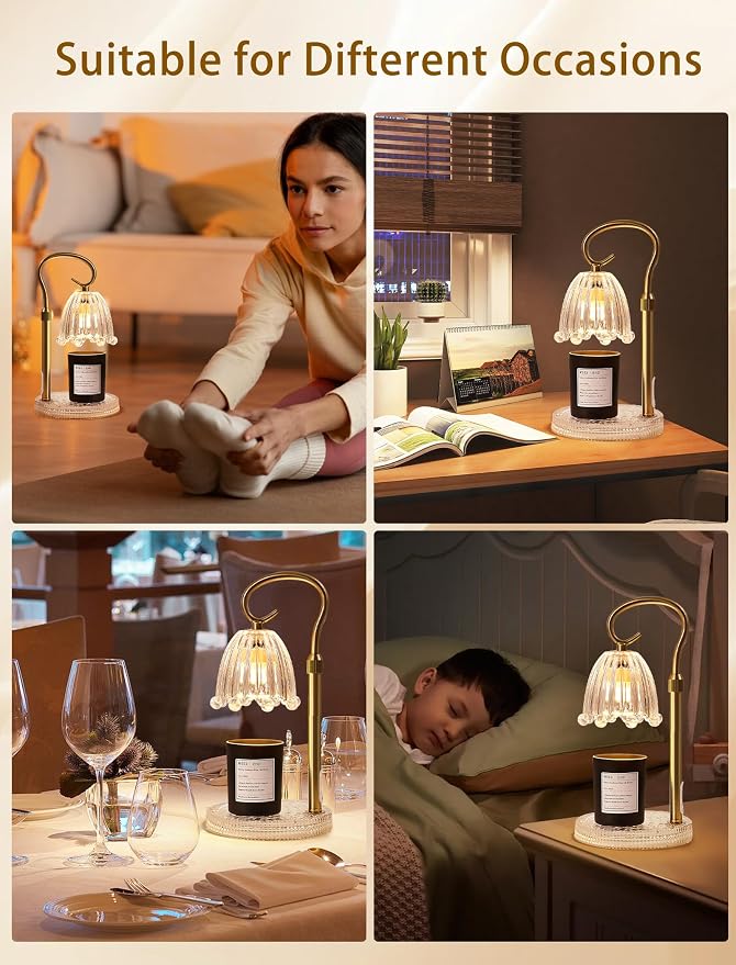 Candle Warmer Lamp with Timer & Dimmer, Crown Glass Lamp Candle Warmer for Jar Candles, UPGRATED with 3 Bulbs, Height Adjustable Electric Wax Warmer for Elegant Home Decor