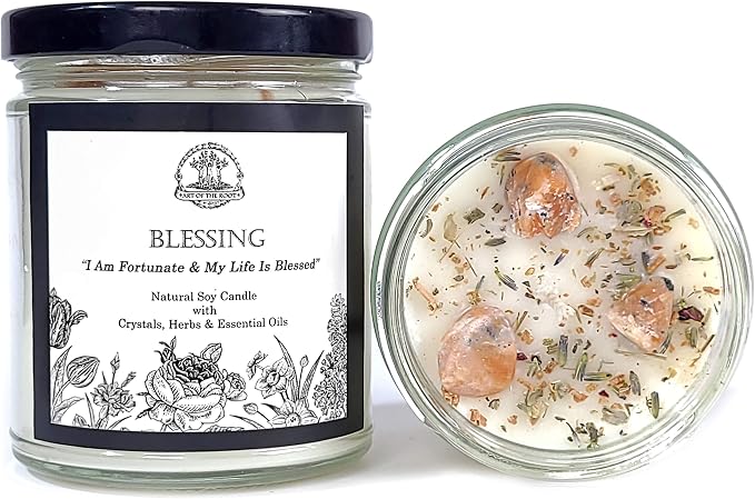 Blessing Affirmation Candle | 9 oz Natural Soy with Sunstone Crystals, Herbs & Essential Oils | Prosperity, Peace, Good Fortune Rituals | Wiccan, Pagan Magick Spirituality