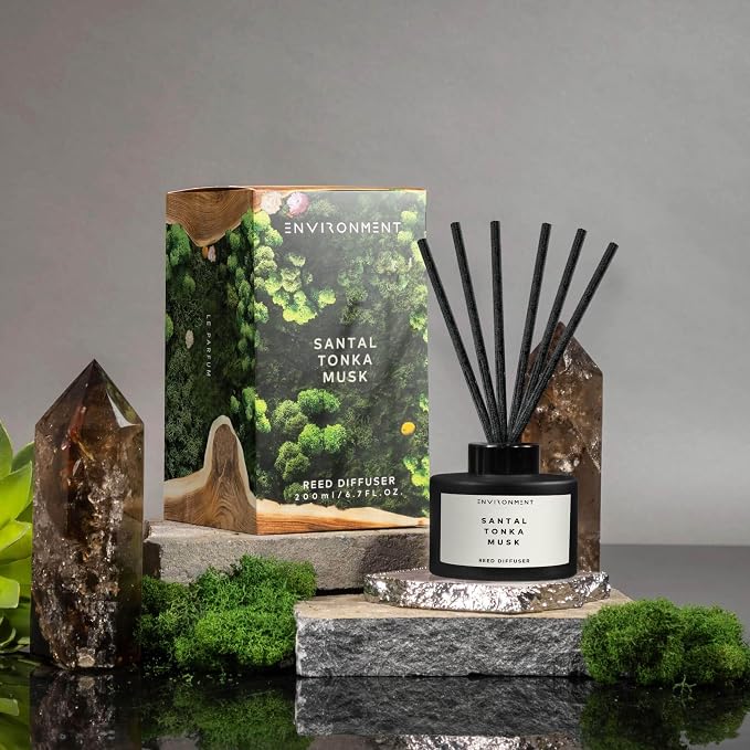 Environment Inspired by 5-Star Resort 1HT Reed Diffuser, 200ml Luxury Scented Diffuser Aromatherapy (Santal | Tonka | Musk) Reed Diffusers for Home, Diffusing Oil Fragrance, Home Fragrance Products