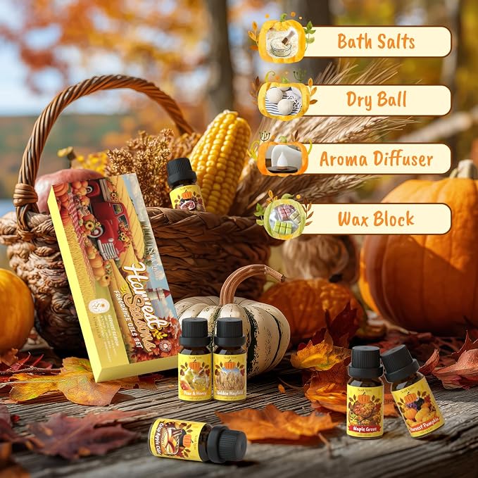 Soulorigin Harvest Fragrance Oils Set, Essential Oil for Diffuser, Fall Diffuser Oil, Use for Soap Candle Making-Crisp Apple cider, Pear&Honey, Golden Hayfield, Maple Grove, Harvest Pumpkin,Autumn Fig