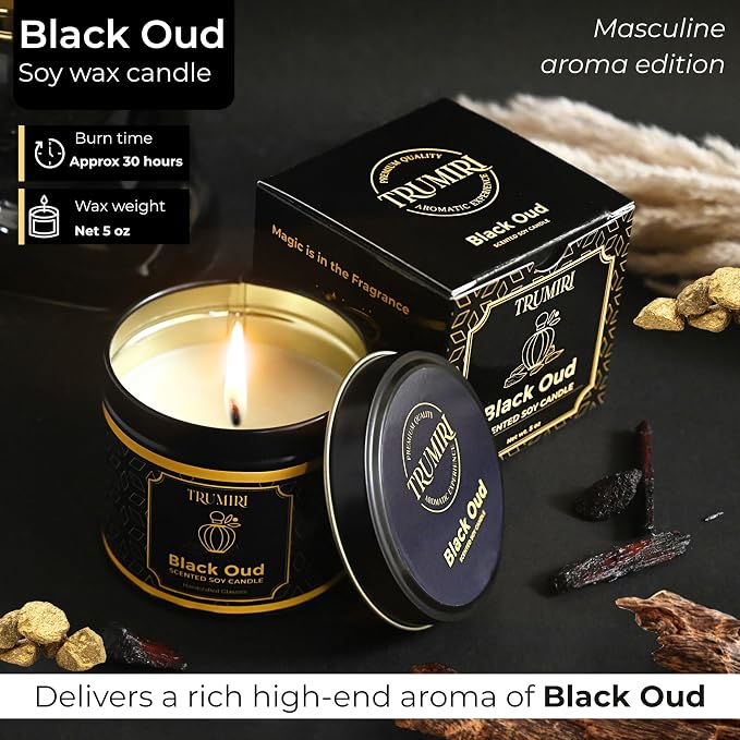 Black Oud Candle Highly Scented Soy Candel Clean Non Toxic Velas Aromáticas Gift for Men Pack of 1 5Oz Decorartive Travel Tin
