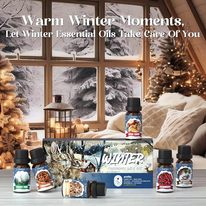 SoulOrigin Winter Essential Oils Set, Fragrance Oil Gift Set for Oil Diffusers, Scented Oils for Soap 6x10ml - Forest Pine, Spiced Apple Cider, Cinnamon, Mint Hot Chocolate, Gingerbread, and Cranberry