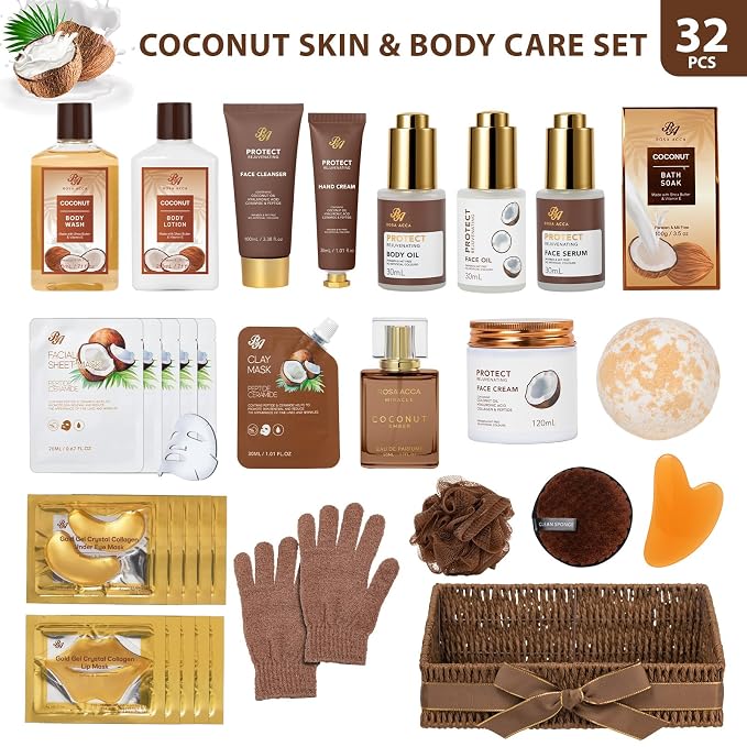 Gifts for Women & Men, 32 Pcs Coconut Vanilla Spa Gift Basket Set for Women & Men, Hydrating Face Skin Care Gift Set, Bath & Body Gift Basket Kit, Home Spa, Birthday, Christmas, Anniversary, Wife, Dad