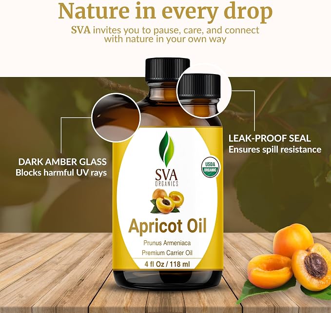 SVA Apricot Seed Oil Organic - 4 Fl Oz – 100% Natural Cold Pressed Organic Apricot Oil - for Face, Skin Care, Hair Care, Scalp Massage & Body Massage – Carrier Oil with Dropper