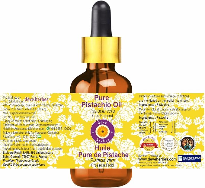 dève herbes Pistachio Oil (Pistacia vera) with Glass Dropper | Cold Pressed | Pure | Natural | For Diluting Essential oils | For Skin & Massage | Non-Sticky| Lightweight| Unisex | 30ml (1 oz)