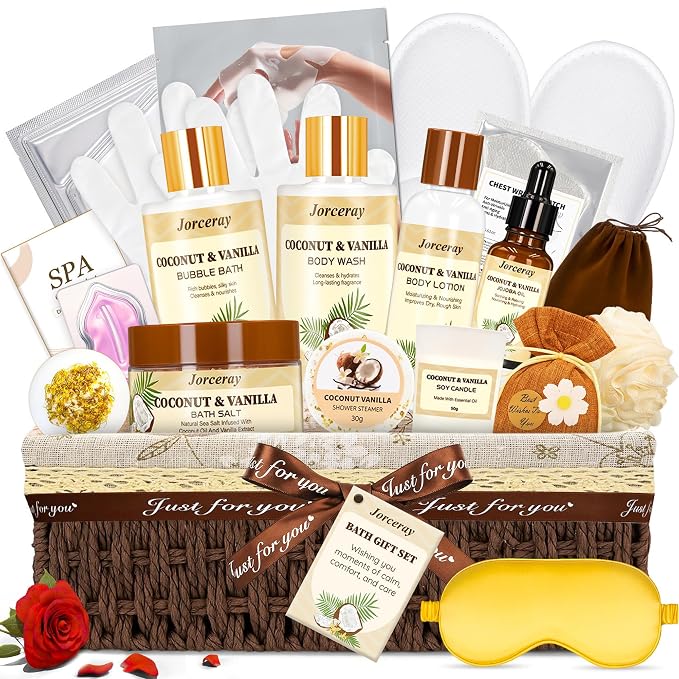 22PCS Spa Gift Baskets for Women, Luxury Bath and Body Gift Basket Set for Women Coconut Vanilla Spa Kit Relaxing Spa Self Care Gift for Her Wife Lover Mom Sister