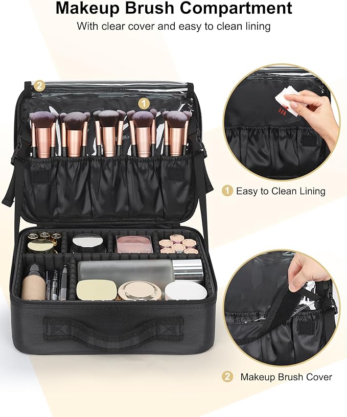 Relavel Makeup Bag Large Cosmetic Bag Travel Train Case Toiletry Bag for Women with Adjustable Dividers, Travel Essentials Organizer Case Storage Box for Skincare, Brushes, Black