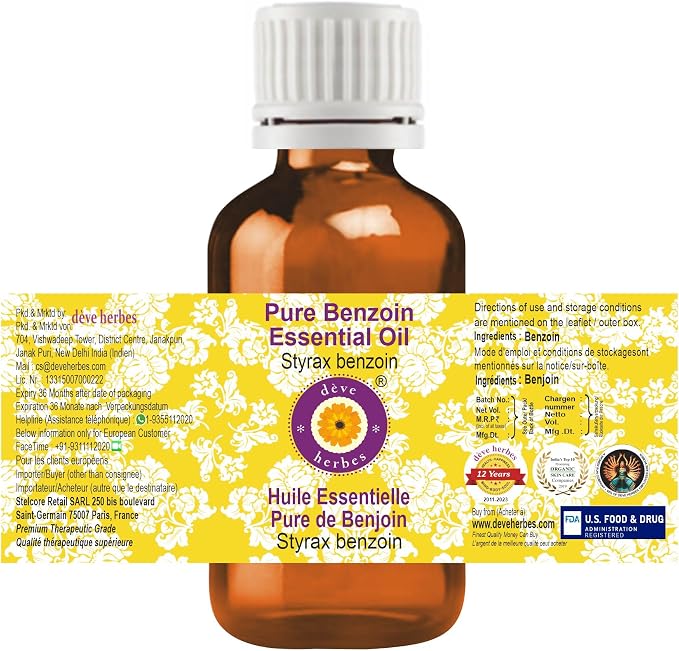 dève herbes Benzoin Essential Oil (Styrax Benzoin) Pure | Viscous Texture | Rich Aroma | Unisex | All Skin Types | for External Use Only | Natural Extract | Steam Distilled 5ml (0.16 oz)