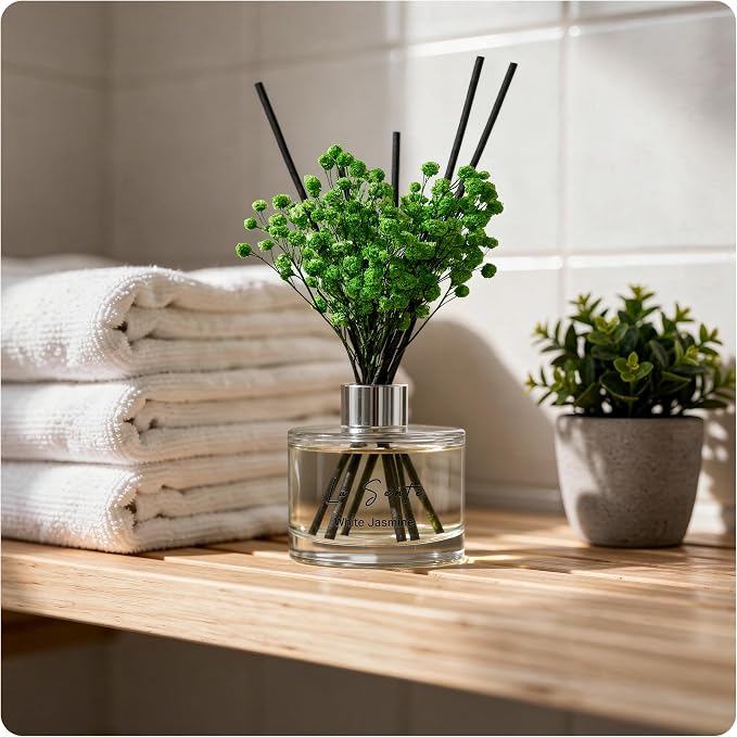 Reed Diffuser Set (6.7fl oz), Natural White Jasmine Essential Oil Fragrance with Glass Bottle, Black Rattan Sticks & Preserved Flowers, Up to 120 Days Lasting Fragrance for Home & Office