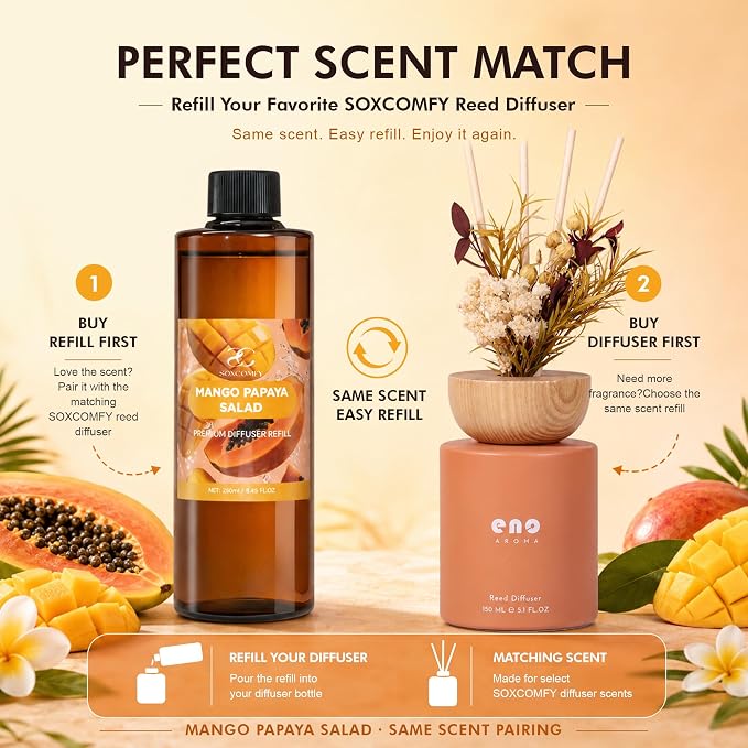 Diffuser Oil Refill, 250ml / 8.45 fl oz, Mango Papaya Salad - Reed Diffuser Oil Refill for Home Fragrance, Scented Oil for Reed Diffuser Bottles, Citrus, Mango & Melon Notes