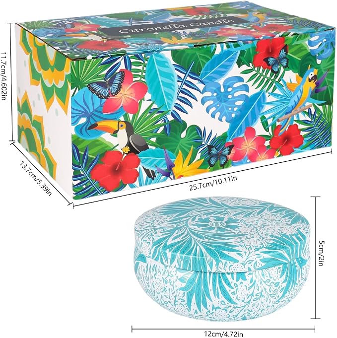 4-Pack Citronella Candle Set in Decorative Tropical Flower Tin Boxes - 3-Wick Functional Decorative Candles for Indoor & Outdoor Use - Perfect for Camping, Travel, BBQ, Picnics, and Mother's Day Gift