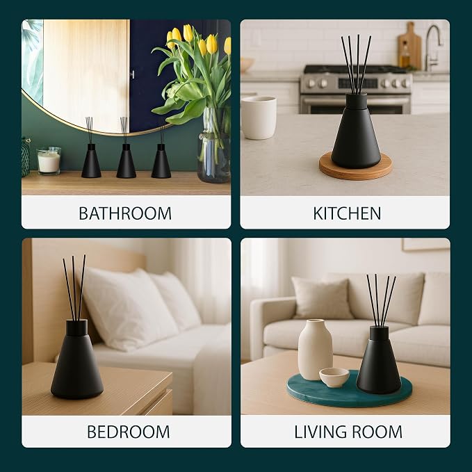 Mega Handles Reed Diffuser Sets (50ml) - 3 Pack White Flower Scent Bathroom Diffuser, Elegant Reed Diffuser for Shelf Decor, Decorative Air Freshener for Large Rooms - Matte Black