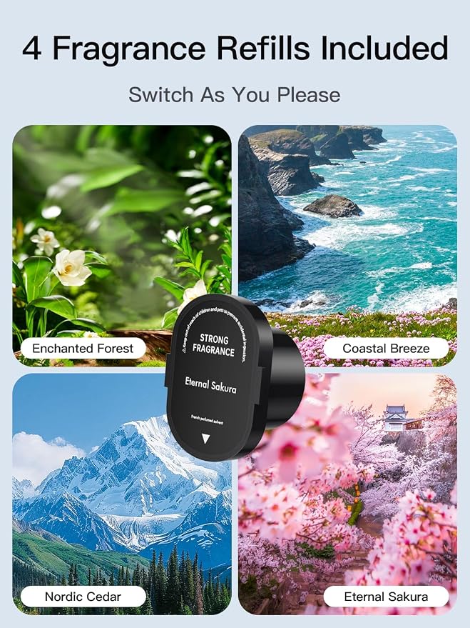Smart Car Air Freshener Diffuser, Waterless Essential Oil Diffuser with 4 Modes, 4 Scent Refills, Auto On/Off, USB - C Rechargeable Wireless, Ambient Light for Home/Car Use (5502-Black)