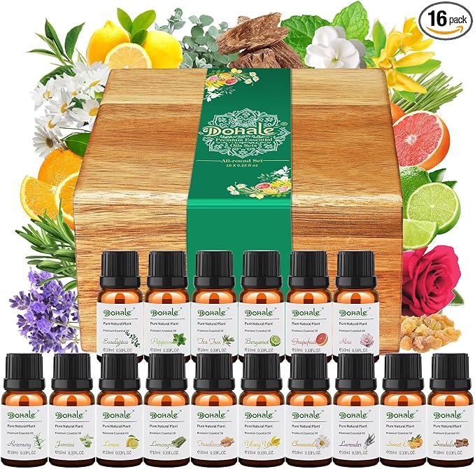 Essential Oils Set Acacia Wood Gift Box - Top 16 Relax, Stress Relief, Sweet Dreams, Energize, Aromatherapy Oils for Diffuser Hotel Scent Home Fragrance Candle Making 10ml