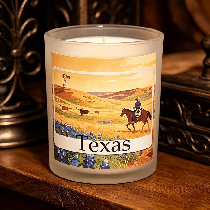 Texas Trail Scented Candle, Leather & Oak & Tobacco, Texas Gifts, Texas Themed Gifts, Texas Gift for Women, Texas Souvenirs, Rustic Decor, 100% Soy Wax, 7OZ