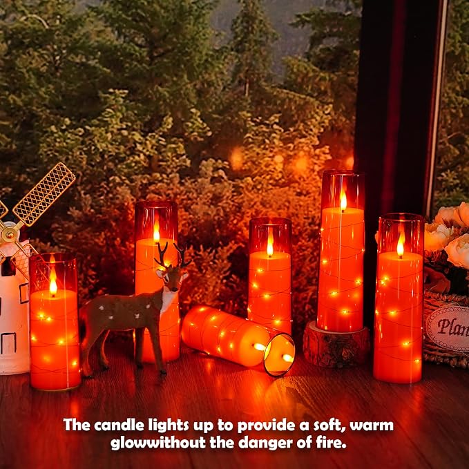 Sasigeiaa Flameless Candles with Embedded Star String - Battery Operated LED Candles, with Remote,12 Red Flickering Candles for Christmas, Weddings, Home Decor & Party,(D 2.3"×H 5" 6" 7")