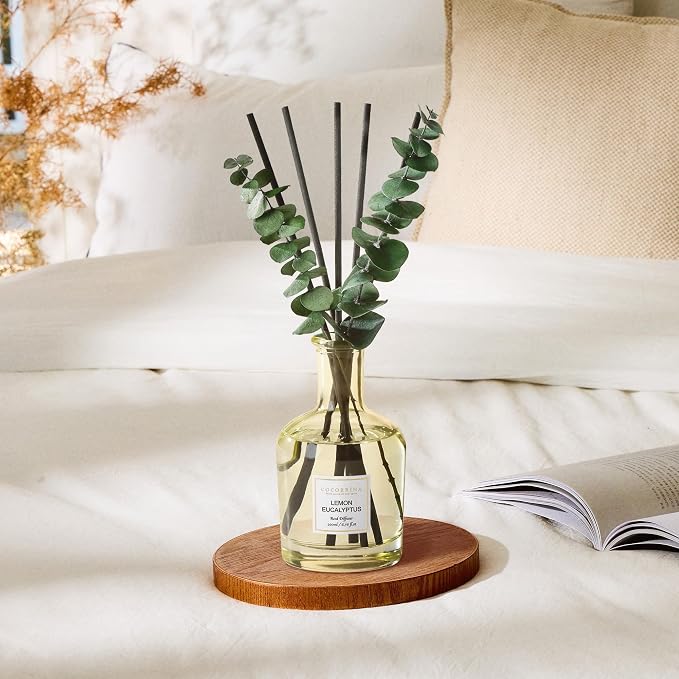 COCORRÍNA Lemon Eucalyptus Reed Diffuser – 6.76 oz Essential Oil with 8 Reeds & Real Eucalyptus Sticks, Home Fragrance for Bedroom or Bathroom Décor