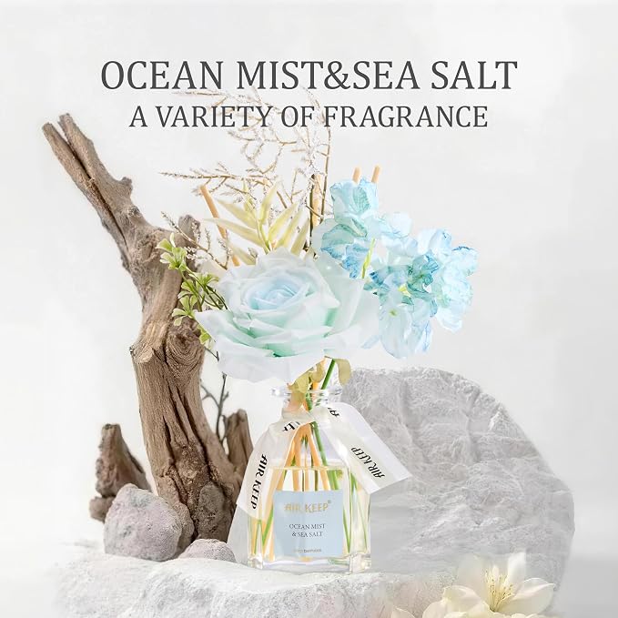 Airkeep Flower Reed Diffuser Set, Ocean Mist&Sea Salt Diffuser Gift Set,4.06 fl oz Essential Oil Sticks Diffusers for Bathroom Air Freshener, Aromatherapy Home Fragrance Shelf Decor, Gift for Women