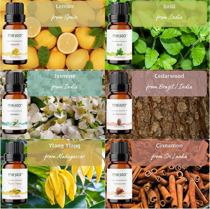 MO'JIZA Pure Aromatherapy Essential Oils Gift Set, 14 Oils-Jasmine, Lemon, Basil, Ylang Ylang, Cedarwood, Cinnamon, Lavender, Tea Tree, and More, 10ml Each. Certified Kosher, Vegan & Cruelty Free