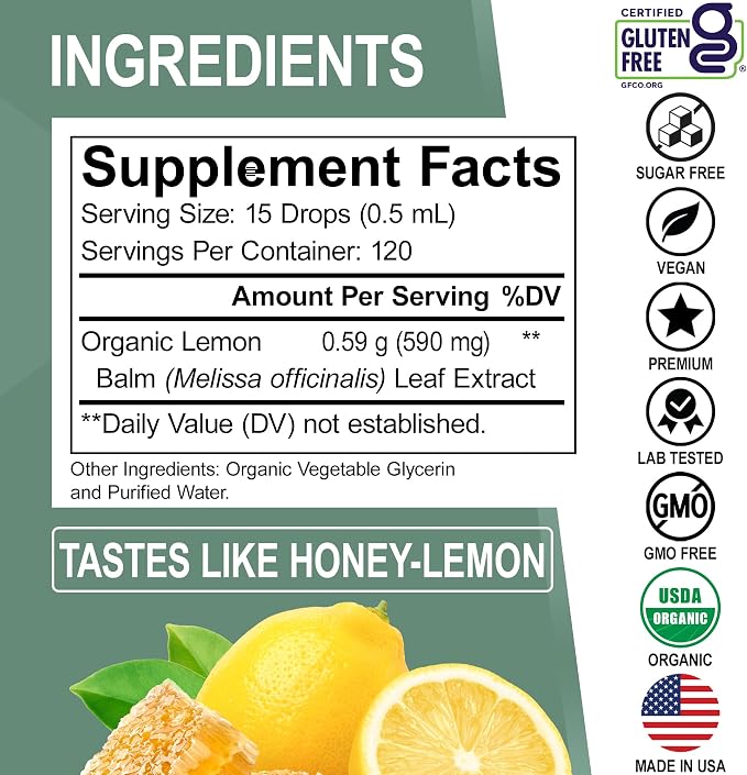 Organic Lemon Balm Extract Tincture - Organic Lemon Balm Leaf Liquid Extract Drops Oil Melissa Officinalis, Calm Relaxation Tea Supplements - Vegan Liquid Drops Tincture Supplement, Kids & Adults 2oz