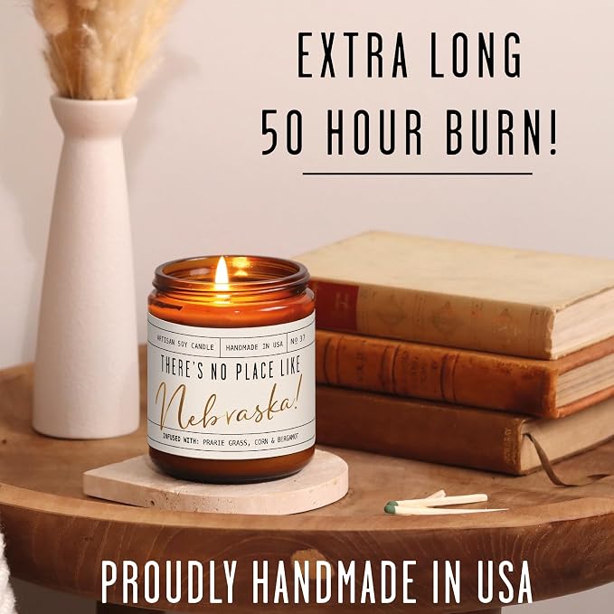 Nebraska Gifts, Nebraska Decor for Home - 'There's No Place Like Nebraska Candle, w/Prarie Grass, Eucalyptus, Corn & Bergamot I Nebraska Souvenirs I Nebraska State Gifts I 9oz Jar, 50Hr Burn, USA Made