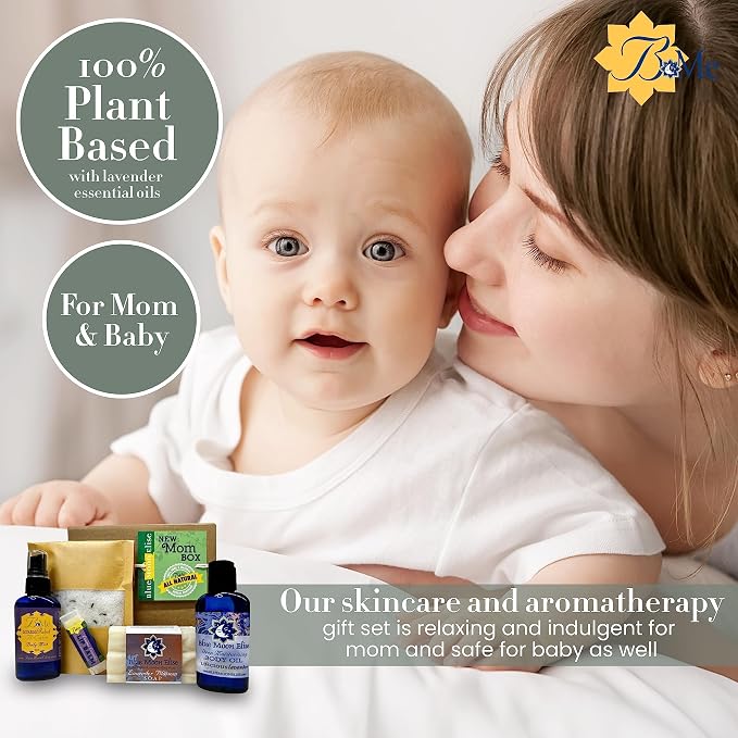 Blue Moon Elise New Mom Box, Natural Lavender Bath and Body Spa Gift Baskets for Women, New Mom Gifts for Women, Made from Pure Lavender Essential Oils, Safe for Use on Babies