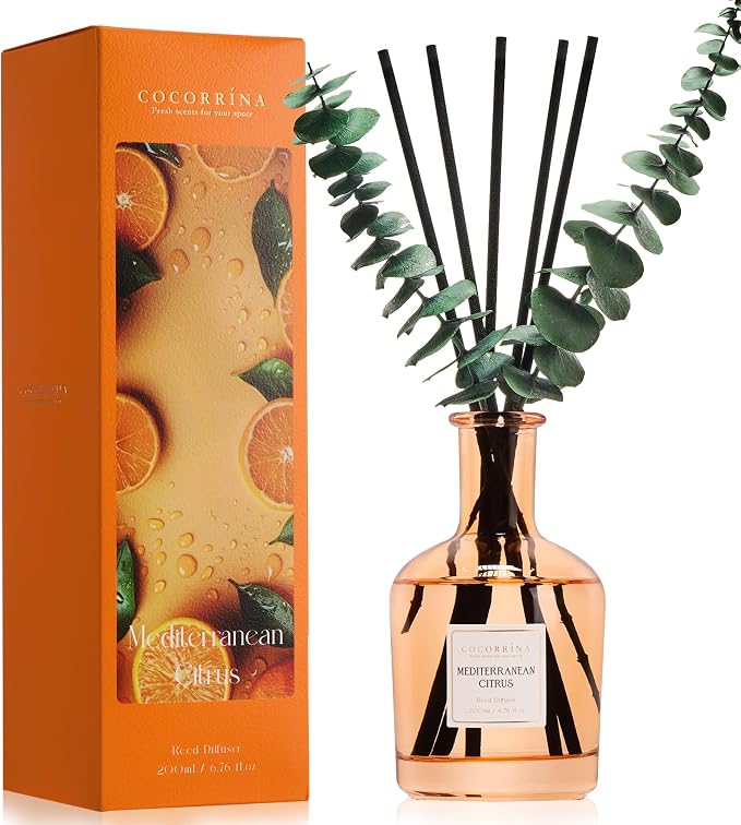 COCORRÍNA Mediterranean Citrus Reed Diffuser – 6.76 oz Essential Oil with 8 Reeds & Real Eucalyptus Sticks, Home Fragrance for Bedroom or Bathroom Décor